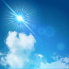 Naklejka na ściany i meble Realistic sun flare with clouds on blue sky.
