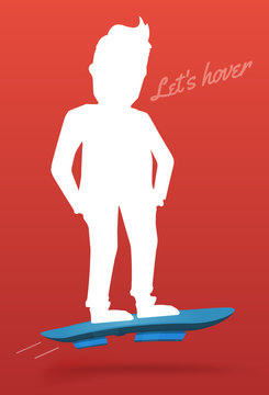 Flying hoverboard vector illustration background, flat cartoon style  with lettering