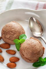 Chocolate ice cream with almond and mint