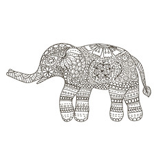 Hand drawn Elephant with ethnic floral doodle pattern. Coloring
