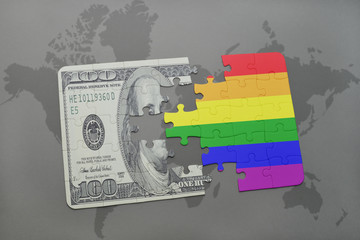 puzzle with the gay rainbow flag and dollar banknote on a world map background.