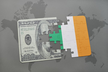 puzzle with the national flag of ireland and dollar banknote on a world map background.