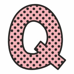 Q vector alphabet letter with black polka dots on pink background isolated on white