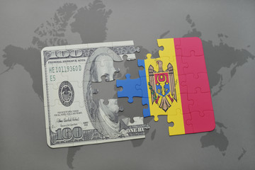 puzzle with the national flag of moldova and dollar banknote on a world map background.