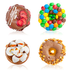Delicious donuts collage, isolated on white