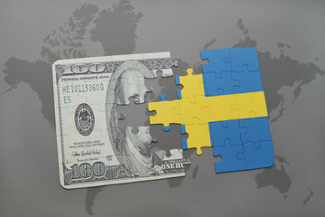 puzzle with the national flag of sweden and dollar banknote on a world map background.