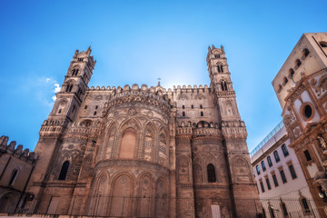 Fototapeta premium Catholic Christian Cathedral. Old Town of the City of Palermo on Sicily in Italy, Europe. Vibrant Colors. Detail Picture of the historical architecture