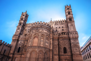 Fototapeta premium Catholic Christian Cathedral. Old Town of the City of Palermo on Sicily in Italy, Europe. Vibrant Colors. Detail Picture of the historical architecture