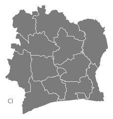 Ivory Coast districts Map grey
