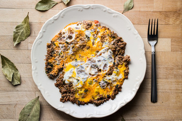 Fried egg with minced meat.
