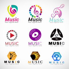 Music logo vector set design - music key sign and CD play sign and headphone sign