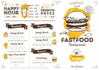 Restaurant fast food cafe menu template flyer vintage design vector illustration