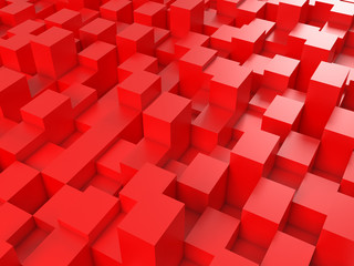 3d cubism abstract red square background. Surreal ruby cubic background of squares of varying heights. Perspective view. High-resolution 3d illustration