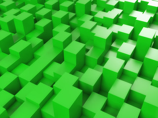 3d cubism abstract green square background. Surreal virid cubic background of squares of varying heights. Perspective view. High-resolution 3d illustration