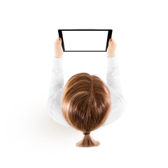 Woman hold tablet pc mockup in hand top view isolated on white. Black mobile ebook mock up holding in female hands from above. Blank tablet screen monitor. Clear horizontal ipad display booklet person