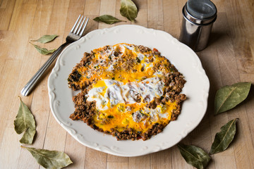 Fried egg with minced meat.