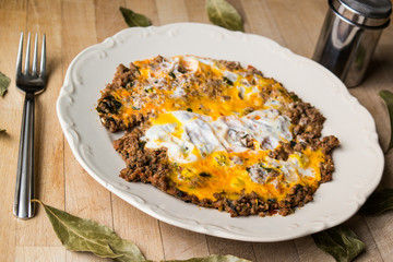Fried egg with minced meat.