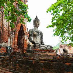 Ancient stone statue of Buddha in ruins of a Buddhist temple. Th