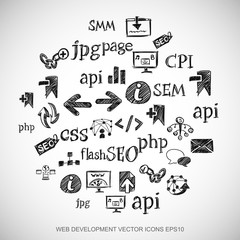 Black doodles Hand Drawn Site Development Icons set on White. EPS10 vector illustration.