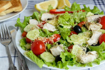 chicken salad with vegetables and olive oil