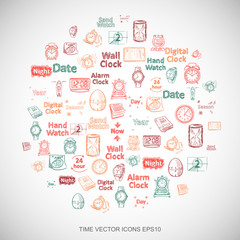 Multicolor doodles Hand Drawing Time Icons set on White. EPS10 vector illustration.