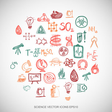 Multicolor doodles Hand Drawn Science Icons set on White. EPS10 vector illustration.