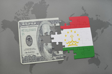 puzzle with the national flag of tajikistan and dollar banknote on a world map background.