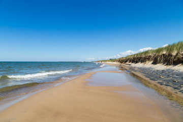 Fototapeta na wymiar Oval beach/ Long sandy beach and dunes state park at Saugatuck, Michigan