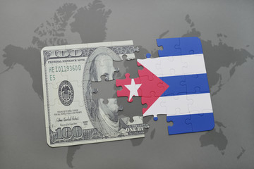 puzzle with the national flag of cuba and dollar banknote on a world map background.