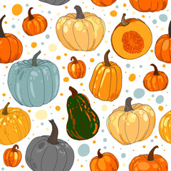 Pattern of different colored pumpkins. Autumnal ornament, orange pumpkin, vector pattern