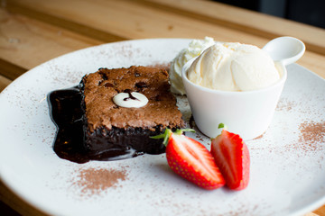 Brownies cake and Ice cream with cartoon concept