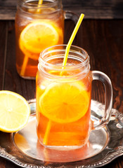 Iced tea with lemon close up
