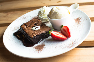 Brownies cake and Ice cream with cartoon concept