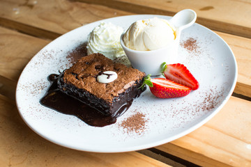 Brownies cake and Ice cream with cartoon concept