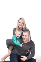 happy family with child smiling on white, isolated