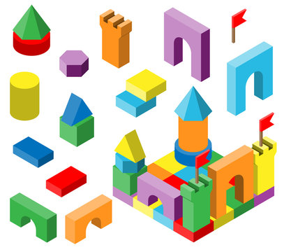 Colourful building blocks for development children. Isometric vector illustration.