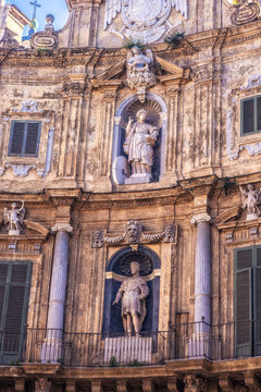 Old Town of the City of Palermo on Sicily in Italy, Europe. Vibrant Colors. Detail Picture of the historical architecture at the Four Corners, the Quattro Canti