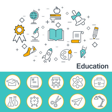 Education banner in flat style. Outline vector icons.
