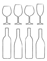 linear set of wine bottle and glasses