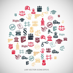 Multicolor doodles Hand Drawn Law Icons set on White. EPS10 vector illustration.
