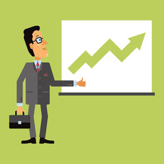 Joyful business man look at a chart or graph. Rising arrow, representing business growth. Vector illustration in flat design style on green background.