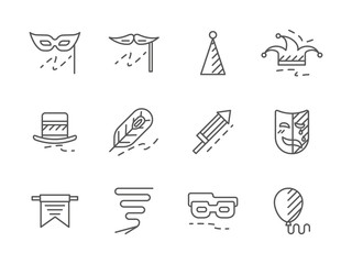 Party with costumes black line vector icons set
