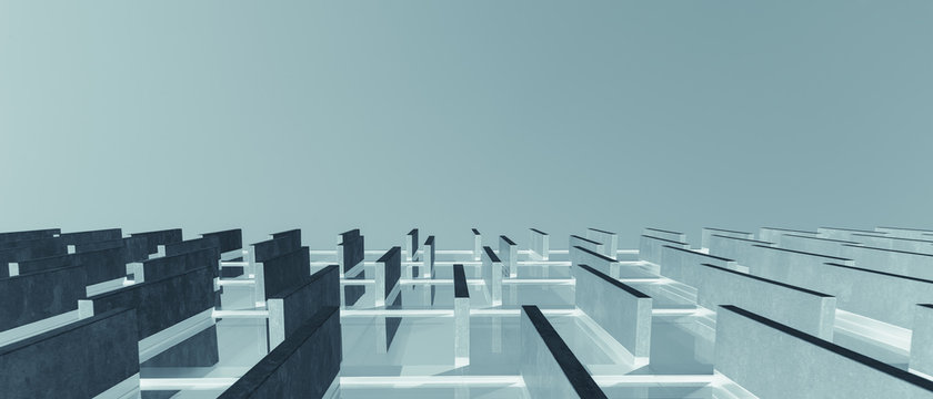 Kubizm w nowoczesnej formie, betonowe sześciany na szkle,