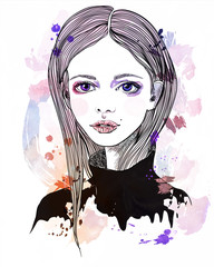 Fototapeta premium Portrait of a girl with pink hair. Fashion illustration on abstract background. Print for T-shirt
