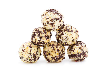 Homemade vegetarian truffle candies isolated on white background