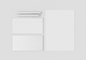 White stationery mock-up, template for branding identity on gray background.
For graphic designers presentations and portfolios. 3D rendering.