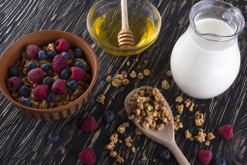 Muesli with fresh berries, honey and milk.