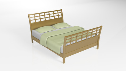 Wooden bed with green sheets, furniture isolated on white background