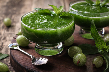 Healthy green fresh fruit and vegetable juice smoothie breackfast