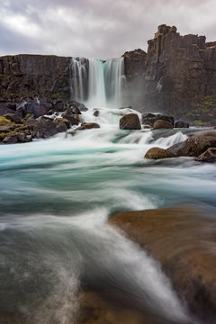 Long exposure of oxarafoss waterfall, iceland